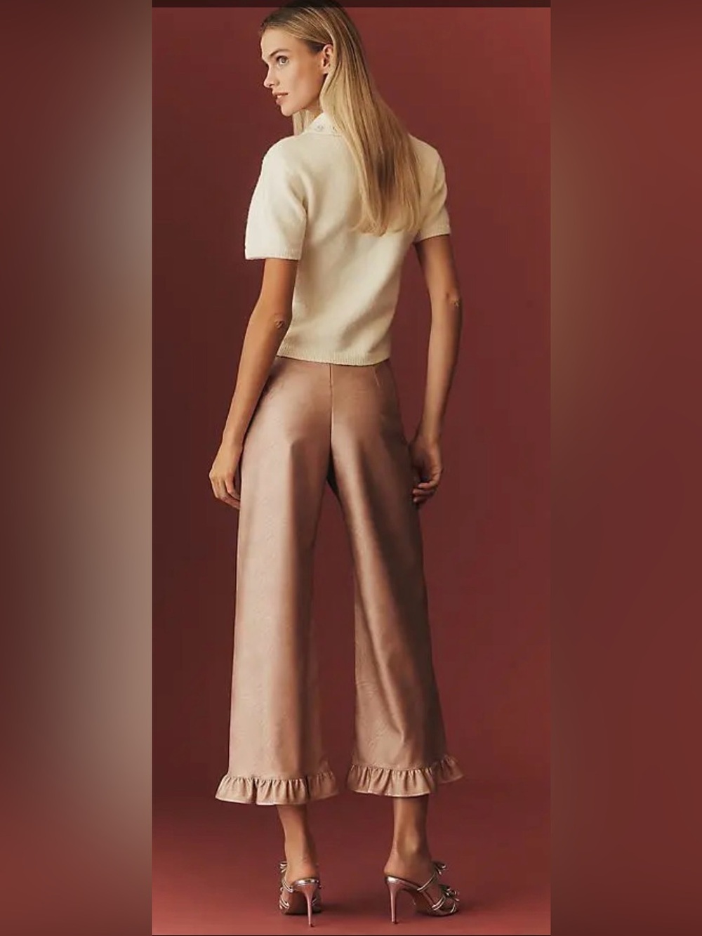 NWT Maeve Colette Crop Metallic Faux Leather Ruffle-Hem Pants Pink Metallic 27 - Picture 3 of 16